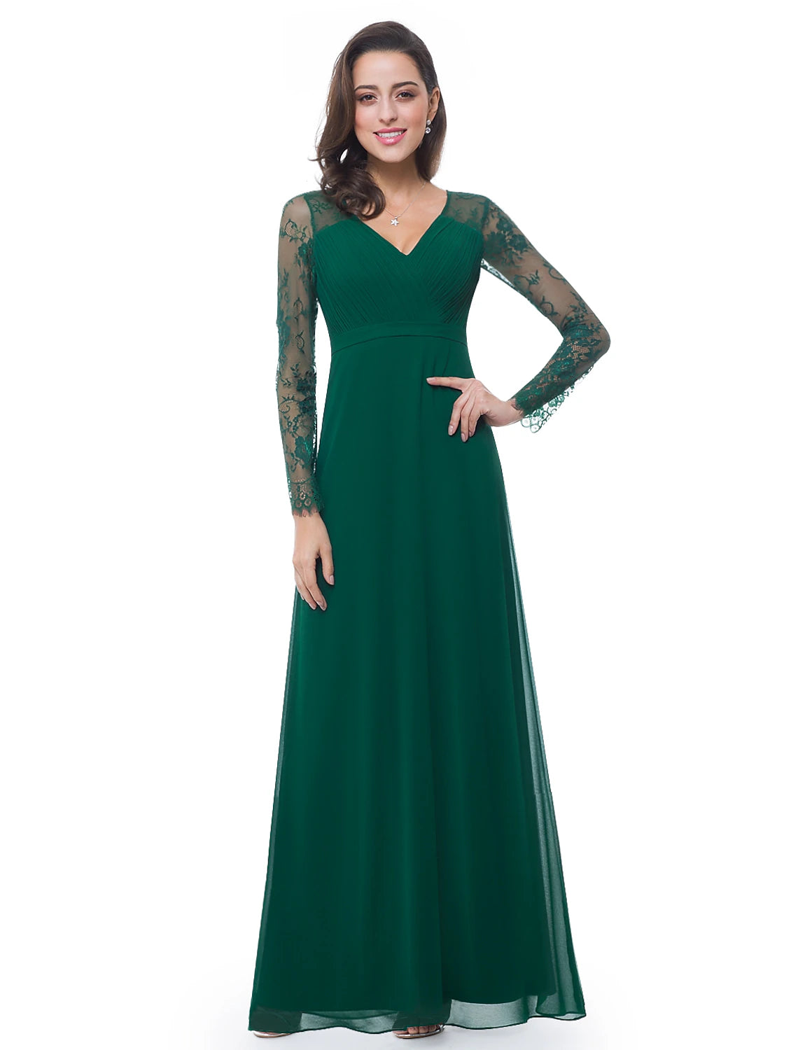 Wholesale  A-Line Evening Gown Elegant Dress Wedding Guest Formal Evening Floor Length Long Sleeve V Neck Chiffon with Sash / Ribbon Ruched Lace Insert